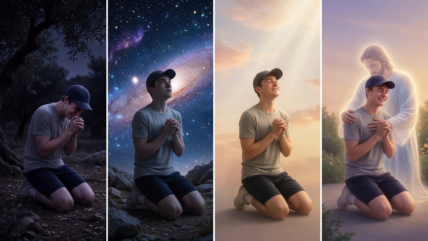 Four images of a young man at prayer: agony beneath an olive tree, silence under a starlit sky, breakthrough at dawn, and the Savior's embrace from behind &mdash; the four postures of the soul.